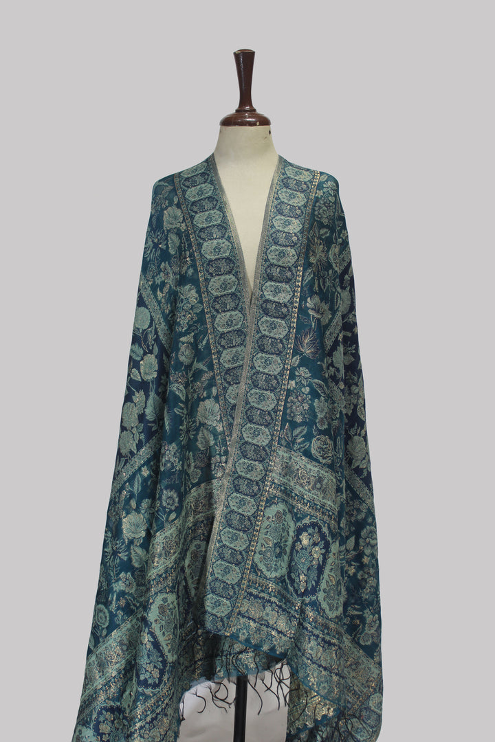 Teal Floral Kani Silk Dupatta